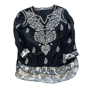 John Mark Women's XS Black and White Boho Embroidered Tunic Blouse Top